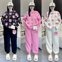 Set Bộ Đồ Nỉ Nữ Thu Đông Gấu Dâu Dễ Thương Cổ Tròn Form Rộng Mùa Đông Ấm Áp Size Từ 38-65kg SVC FASHION