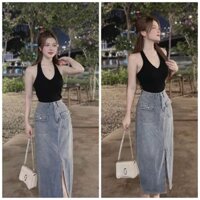 Set Bộ Đồ Nữ 2 Món: Áo Body Tăm Lạnh Cổ Yếm + Chân Váy Jeans Xòe Dáng Dài Xẻ Tà Tôn Dáng, Siêu Xinh