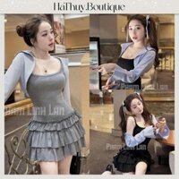 Set Bộ Đồ Nữ 2 Món Váy 2 Dây Ôm Body Phối Chân Váy Tầng Ren Liền Thân Mix Áo Sơ Mi Kẻ Dài Tay Thân Ngắn Dáng Freesize