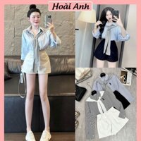 Set Bộ Đồ Nữ 3 Món Sơ Mi Kẻ Sọc Dài Tay Thêu Ngựa Kèm Khăn Mix Quần Sooc Đùi Freesize