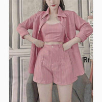 Set bộ đồ nữ 3 món,set áo bra khoác sơ mi ngoài phối quần short ngắn đi biển nhiều màu chất đũi xốp