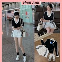Set Bộ Đồ Nữ Adidass Áo Ôm Body Cổ V Tim Phối Đen Trắng Chạy Rót Sọc Mix Chân Váy Xòe Tầng Freesize