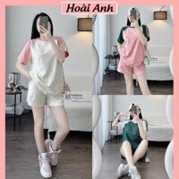 Set Bộ Đồ Nữ Adidass Sọc Áo Phông Phối Màu Tay Viền Cổ Logo Thêu Mix Quần Sooc Đùi Freesize