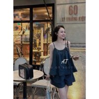 Set Bộ Đồ Nữ Áo 2 Dây Cổ Yếm Thắt Nơ Sau Chất Bò Mix Quần Short Đùi Ống Rộng Set Đồ Nữ Sang Chảnh Áo Babydol