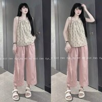 Set Bộ Đồ Nữ Áo Ba Lỗ Chấm Bi Cổ Chun Nơ Mix Quần Suông Ống Rộng Màu Hồng Dáng Dài Set Đồ Nữ Sang Chảnh Áo Sát Nách