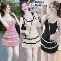 Set Bộ Đồ Nữ Áo Ba Lổ Dáng ôm Body Phối Viền Vạt Lượn Mix Chân Váy Xếp Ly Quần Sọc Ngang Có Lót Trong Thun Tăm 40-95kg