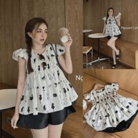Set bộ đồ nữ áo bèo nhún họa tiết mix quần ống rộng siêu cute dành cho các nàng teen