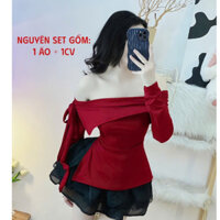 Set Bộ Đồ Nữ Áo Bẹt Vai Buộc Nơ Nổi Đỏ Mix Chân Váy Voan Xoè Tầng Xinh Xắn Diện Noel Giáng Sinh