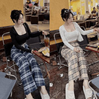 Set bộ đồ nữ áo body form dài mix quần rộng suông sọc caro đơn giản, siêu xinh dành cho các nàng