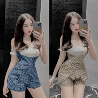 Set bộ đồ nữ áo body trễ vai mix yếm quần họa tiết chữ lạ mắt năng động, sexy dành cho các nàng đi chơi