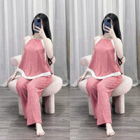 Set bộ đồ nữ áo cổ yếm phối viền mix quần dài ống rộng sang chảnh dành cho các nàng diện đi chơi, thời trang nữ MOON