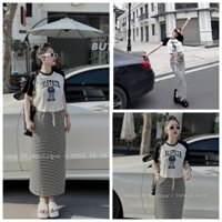 Set Bộ Đồ Nữ Áo Croptop Áo Thun Nữ Cộc Tay Mix Chân Váy Suông Dáng Dài Size 40-70kg Mẫu GAU1849. D128