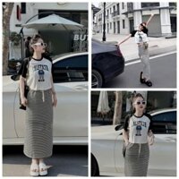 Set Bộ Đồ Nữ Áo Croptop Áo Thun Nữ Cộc Tay Mix Chân Váy Suông Dáng Dài Size 40-70kg Mẫu GAU1849. TP128