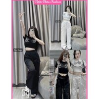 Set bộ đồ nữ áo croptop họa tiết xương tay phối quần suông túi hộp cực hot form 38-54kg