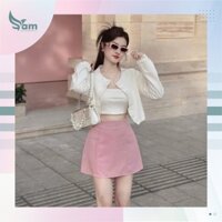 Set bộ đồ nữ áo croptop kèm khoác ngoài mix chân váy chữ A phối màu xinh xắn cho các nàng diện đi chơi, hẹn hò AT130