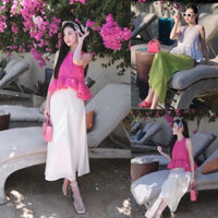 Set bộ đồ nữ áo croptop phối bèo tầng ngắn tay mix chân váy xòe với 2 tone màu phối xinh xắn, tôn da