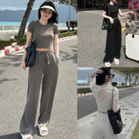 Set bộ đồ nữ áo croptop tay ngắn quần ống rộng sang chảnh vải thun sọc QC S338