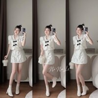 Set bộ đồ nữ áo croptop xốp phồng hoa cao cấp cài nút đính nơ mix chân váy chữ A siêu xinh