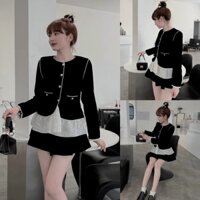 Set bộ đồ nữ áo dài tay phối viền bèo trắng mix chân váy xòe xinh xắn dành cho các nàng teen diện đi học, đi chơi