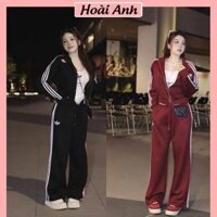 Set Bộ Đồ Nữ Áo Khoác Nỉ Mũ Kéo Khoá Logo Adidass Dáng Ngắn Phối Sọc Trắng Mix Quần Dài Ống Rộng Freesize
