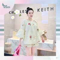 Set bộ đồ nữ áo kiểu cổ tròn tay phồng dài mix quần đùi họa tiết hoa, thêu tay phồng dài AT181