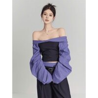 Set bộ đồ nữ áo kiểu trễ vai tay phồng cúp ngực phối quần dài ống rộng cạp cao tím caro JU33