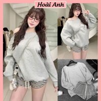 Set Bộ Đồ Nữ Áo Nỉ Xám Ghi Trơn Lệch Vai Dài Tay Mix Quần Sooc Đùi Kẻ Đen Trắng Freesize