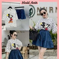 Set Bộ Đồ Nữ Áo Phông Chấm Bi Mickey Mix Chân Váy Bò Giấy Xòe Dáng Ngắn Freesize