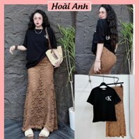 Set Bộ Đồ Nữ Áo Phông Đen CK Ngắn Tay Mix Chân Váy Body Ren Màu Nâu Đuôi Cá Dáng Dài