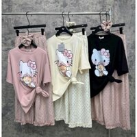 Set Bộ Đồ Nữ Áo Phông Mèo Hello Kitty Ôm Gấu Kèm Chun Dây Tóc Mix Quần Suông Dài Chấm Bi Bèo Gấu Freesize