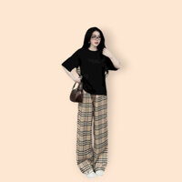 Set Bộ Đồ Nữ Áo Phông thun tăm lạnh Thụng Phối Lé Viền Cổ Kẻ BBR Mix Quần Xuông Kẻ Be Ống Rộng Freesize
