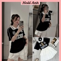 Set Bộ Đồ Nữ Áo Polo Đen Phối Cổ Trắng Sọc Vai In Chữ Princetonn Kèm Logo Mix Chân Váy Thô Trắng Xếp Tầng Freesize
