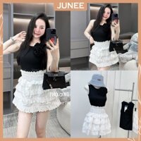 Set Bộ Đồ Nữ Áo Sát Nách Ôm Body Phối Hoa Cài Chất Thun Tăm Co Giãn 4C Mix Chân Váy Cạp Sum Cao Tầng Ren Dáng Freesize