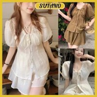 Set bộ đồ nữ áo sơ mi bèo tiểu thư rúm ngực thắt nơ phối chân váy xòe tiểu thư xinh xắn B815 SUTANO