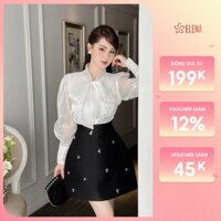Set bộ đồ nữ áo sơ mi cổ nơ+chân váy dáng chữ A vải Tafta sang chảnh thanh lịch ELENA - B25