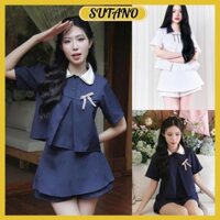 Set bộ đồ nữ áo sơ mi cộc tay croptop baby phối quần váy kèm nơ xinh B22 SUTANO