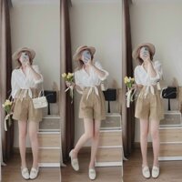 Sét bộ đồ nữ áo sơ mi cột eo phối quần đùi dễ thương - Sét bộ đồnữ áo sơmi tay lửng kết cườm phới quần đùi ống rộng xinh