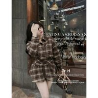 Set Bộ Đồ Nữ Áo Sơ Mi Dài Tay Kẻ Caro Kèm Chân Váy Màu Nâu Tây Xinh Xắn QCCC Cao Cấp