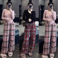 Set Bộ Đồ Nữ Áo Tăm Dài Tay Ôm Body Vạt Bầu + Quần Ống  Caro Đỏ Hồng Ống Rộng Xuông