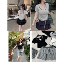 Set Bộ Đồ Nữ - Áo thun Body Cổ Tròn Phối Viền Eo Vạt Mix Chân Váy 2 Tầng Cạp Chun