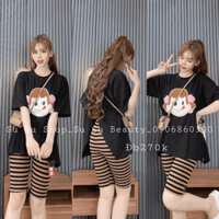 Set bộ đồ nữ áo thun croptop thêu gấu mix quần gân sọc ngang xinh xắn dành cho các nàng diện đi chơi, ở nhà