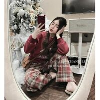 Set Bộ Đồ Nữ Áo Thun Dài Tay Mix Quần Suông Caro Kẻ Đỏ Chất NỈ +Quần DẠ 40-70kg Mẫu SETAONIQKEDONEWYORKKLE. PT419