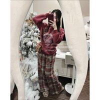 Set Bộ Đồ Nữ Áo Thun Dài Tay Mix Quần Suông Caro Kẻ Đỏ Chất NỈ +Quần DẠ 40-70kg Mẫu SETAONIQKEDONEWYORKKLE. D419