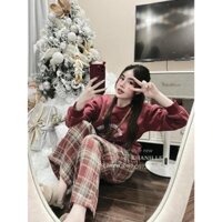 Set Bộ Đồ Nữ Áo Thun Dài Tay Mix Quần Suông Caro Kẻ Đỏ Chất NỈ +Quần DẠ 40-70kg Mẫu SETAONIQKEDONEWYORKKLE. TP419