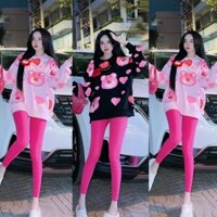 Set Bộ Đồ Nữ Áo Thun Dâu Kèm Gấu  + Quần Legging Dài [ Kèm video]