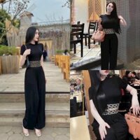 Sét bộ đồ nữ áo thun dẻo crotop phối quần dài ống suông viền áo, đai lưng versace cực sang chảnh