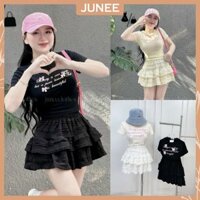 Set Bộ Đồ Nữ Áo Thun In Chữ Hồng Đính Nơ Ngực Mix Chân Tầng Phối Ren Dáng Freesize