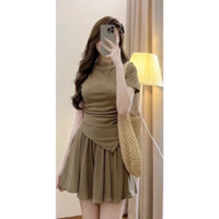 Set Bộ Đồ Nữ Áo Thun Tăm Cổ Thuyền Vạt Chéo Mix Chân Váy Xếp Ly Set Đồ Girl Phố Áo Trễ Vai Phối Chân Váy Xòe 2 Lớp