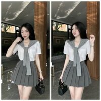 Set Bộ Đồ Nữ: Áo Thun Trắng Trơn Kèm Khăn Choàng + Chân Váy Xếp Ly Xòe Với Tone Màu Phối Basic, Siêu Hot