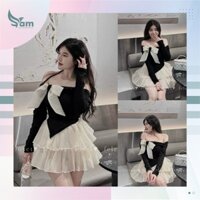 Set bộ đồ nữ áo trễ vai dài tay đính nơ cute mix chân váy xếp ly bèo tầng diện đi chơi, đi phố tôn dáng siêu xinh AT153